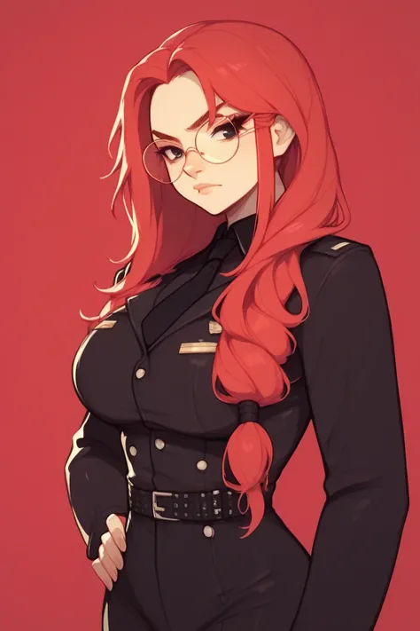 Women, with long red hair, shoulder-length hair,  long hair , locks,  black eyes and round glasses , wearing a black jacket with a black tie ,  a shirt and on top a black army suit,  he has his coat hanging from fur on his shoulders , looking at the specta...