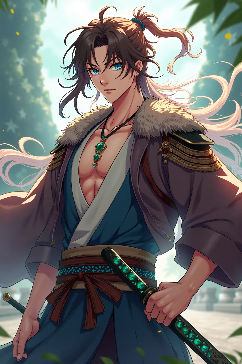 Anime, Male samurai, attractive, brown hair, blue eyes, neaklace with an emerald attached, japanese travel clothing, combat ready, spiritual elemental blade. full body view.