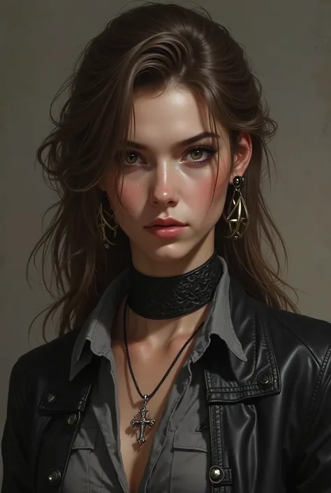 make a realistic image of a slightly dark one, with black eyes, Medium eyebrows, with medium long hair, brown in color, on your ear with only a piece of blonde hair on the right side. he has a silver cross pendant he wears a large gray shirt and a black le...