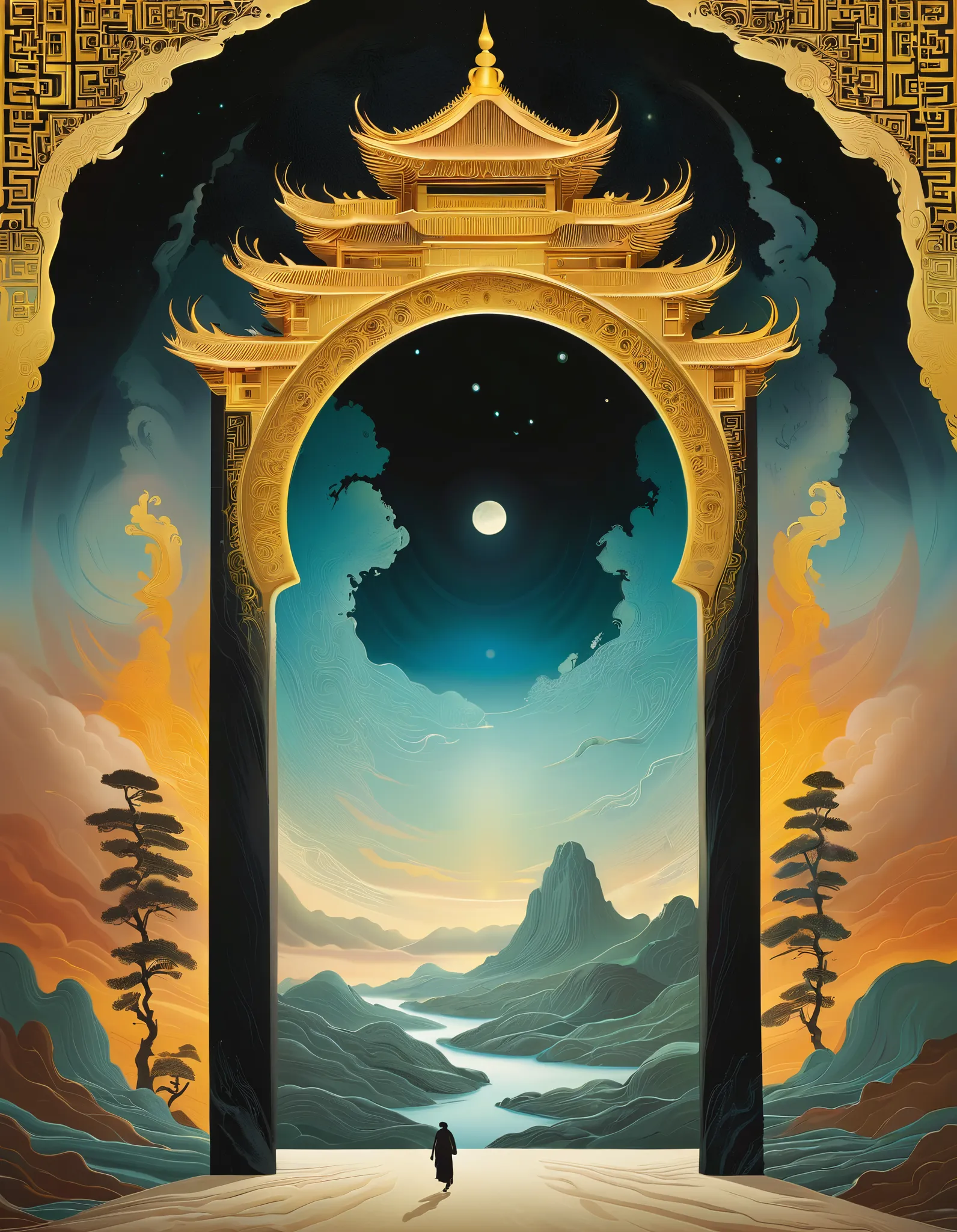  A black portal with gold trim stretches vertically downward from the sky, ，The background is a Dunhuang mural ,  Minimalist,  line art , From foreground to center to spooky smoke,   double exposure，transitions from solid color to spooky style , wise and p...