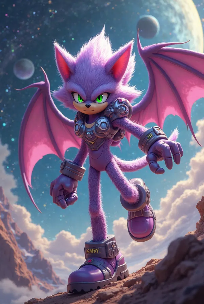 Character in the style of Sonic the hedgehog that is a bat like rouge in lilac color green eyes and that has a space theme that is masculine