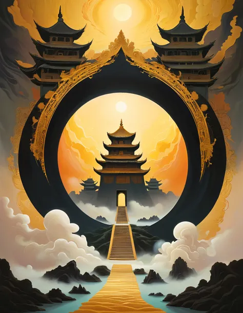  A black portal with gold trim stretches vertically downward from the sky, ，The background is a Dunhuang mural ,  Minimalist,  line art , From foreground to center to spooky smoke,   double exposure，transitions from solid color to spooky style , wise and p...