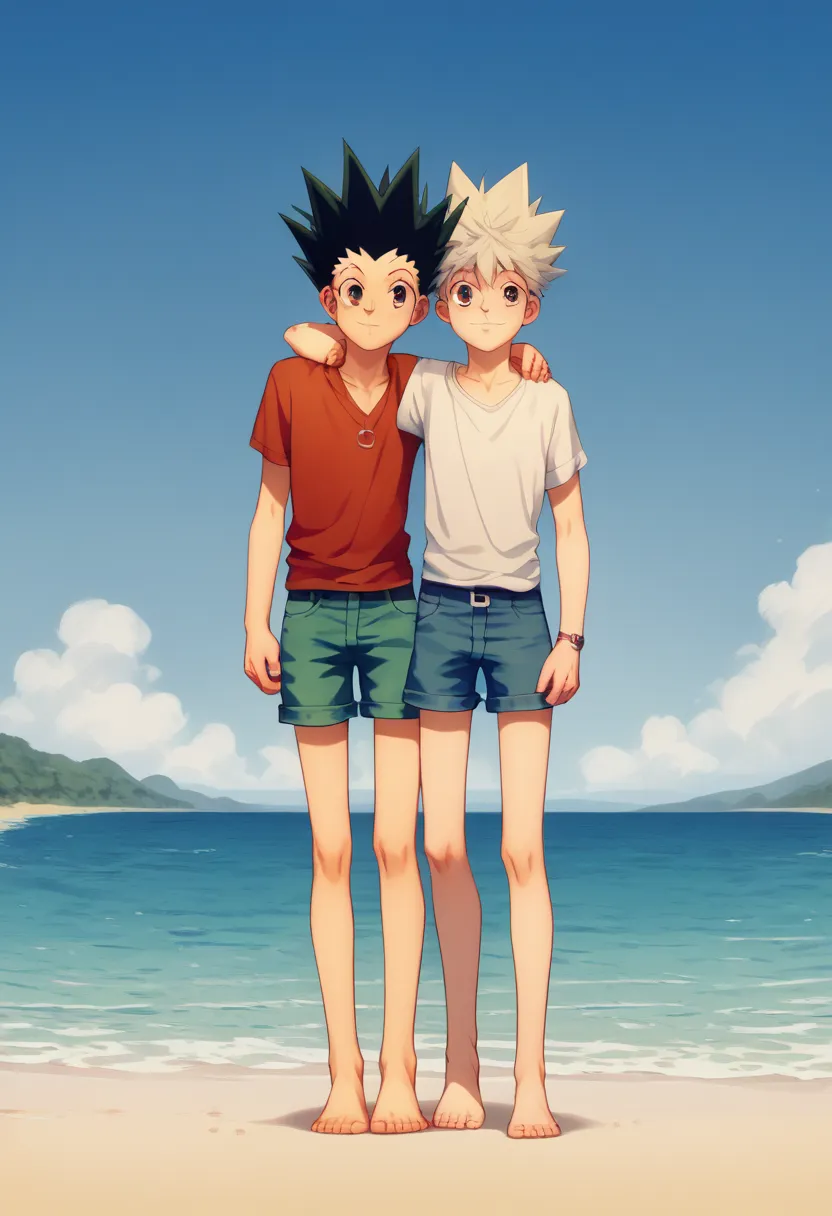 Gon freecss,killua zoldick,2boys,standing togehter,barefoot,thighhighs,short shorts jeans,no shirt,flat chest,yaoi,male focus,arm around neck togehter,beach,