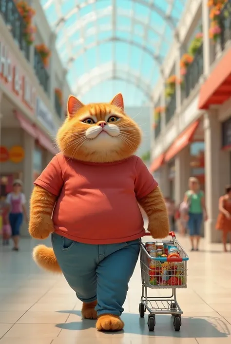 Generate a high quality 3D image:A elder fatty orange cat wearing red t-shirt and blue pant and walking in a shopping mall with a trolley 