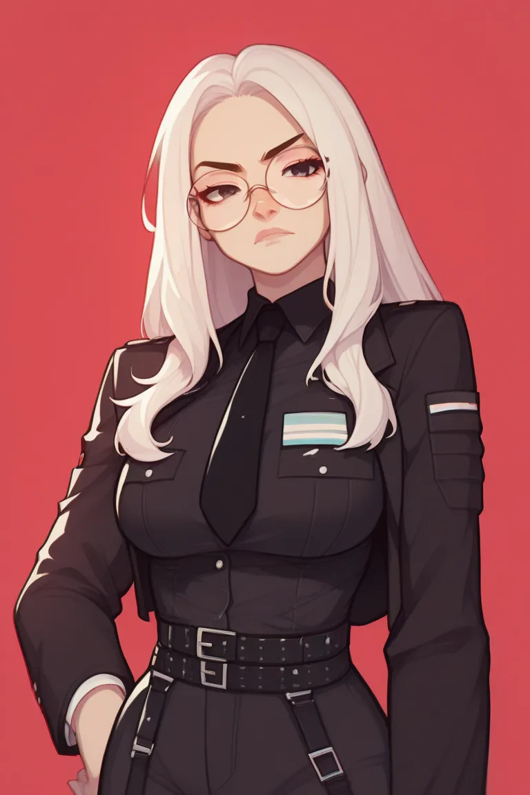 Women, con long hair de color rojo, long hair hasta los hombros, Straps on the forehead, long hair,  black eyes and round glasses , wearing a black jacket with a black tie ,  a shirt and on top a black army suit,  he has his coat hanging from fur on his sh...