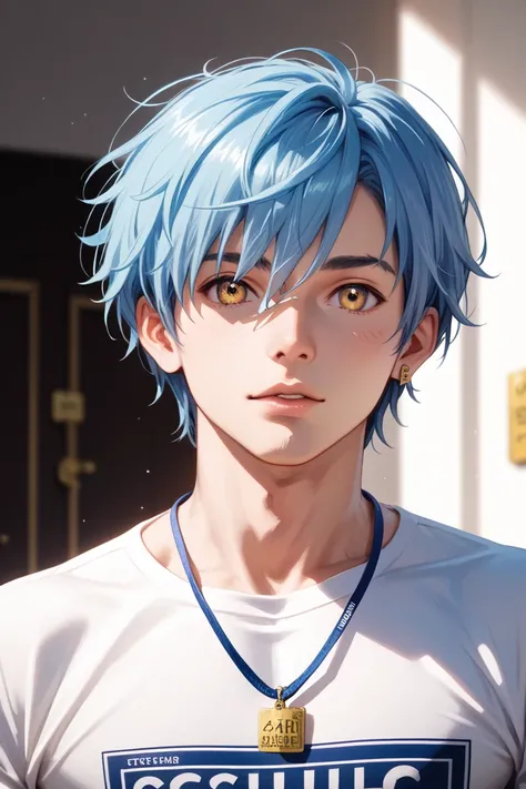  male　Blue Hair　Short hair with shaggy　 Mash Hair 　golden eyes　white shirt　