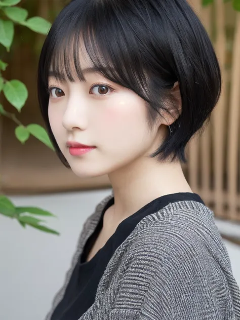 beautiful Japanese woman, short black hair, big eyes, slight droopy eyes, natural makeup, cute, healthy, soft skin, side profile, facing right, ultra-detailed, 8K