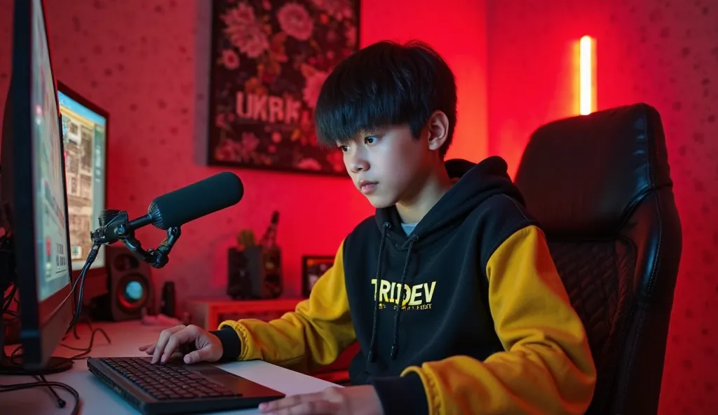 A 21 years boy is sitting in front of a computer desk with a mic and laptop wearing a black and  yellow hoodie with Tridev k shorts written on it and has black hair and is set against a red light themed background and hand moved 