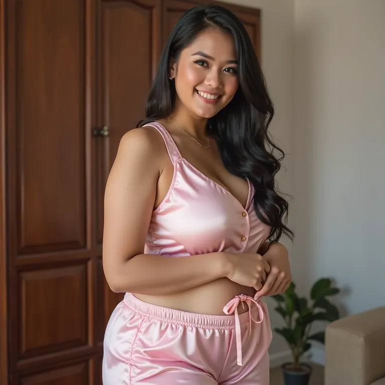 high quality 8k picture, very detailed picture, ,Indonesian bbw 18 years old, weight 150 kg, height 175 cm, smile face, big breasts xxl, big ass xxl, full satin pajama , standing situation in the  room, side view 