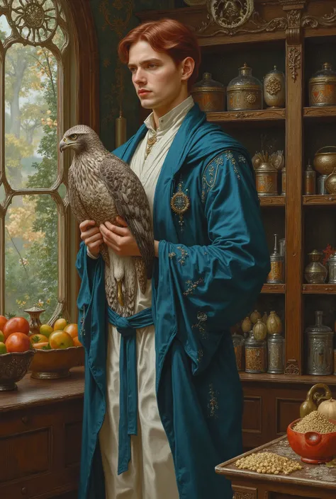 ((fullbody))in jc leyendecker and paul cadmus art style, "the healer", fullbody, close up big grey hawk , perfect anatomy, the merchant, shelves with HERBS, FRUITS, LITTLE BOXES, VEGETABLES, GRAINS, DUMBBELLS , reach intricate background LARGE WINDOWS TO S...
