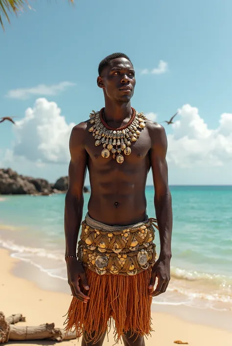 A young warrior from Solomon islands wearing shell money, stand on a sandy shore, looking beyond the horizon