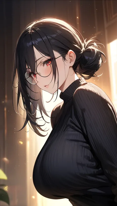 (masterpiece, Highest quality:1.2), 1girl,((medium hair)), (red eyes), (((black hair))), (), (long bangs:1.2), ((black sweater)), black pleated skirt,(big breast), light particles,high detail, textured skin, natural light, beautiful effects, ((detailed fac...