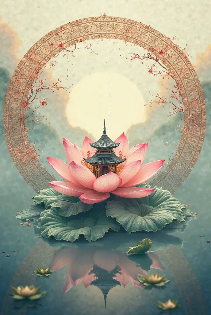 Lotus flower with a temple inside a circle with Yakusa style oriental details 