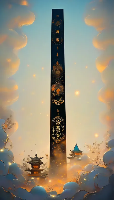  A black portal with gold trim stretches vertically downward from the sky, ，The background is a Dunhuang mural ,  Minimalist,  line art , From foreground to center to spooky smoke,   double exposure，transitions from solid color to spooky style , wise and p...