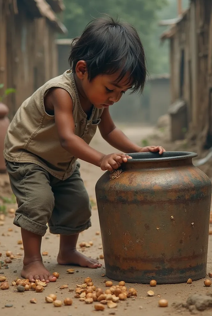 One  of near s age taking food from big still box from the ground 