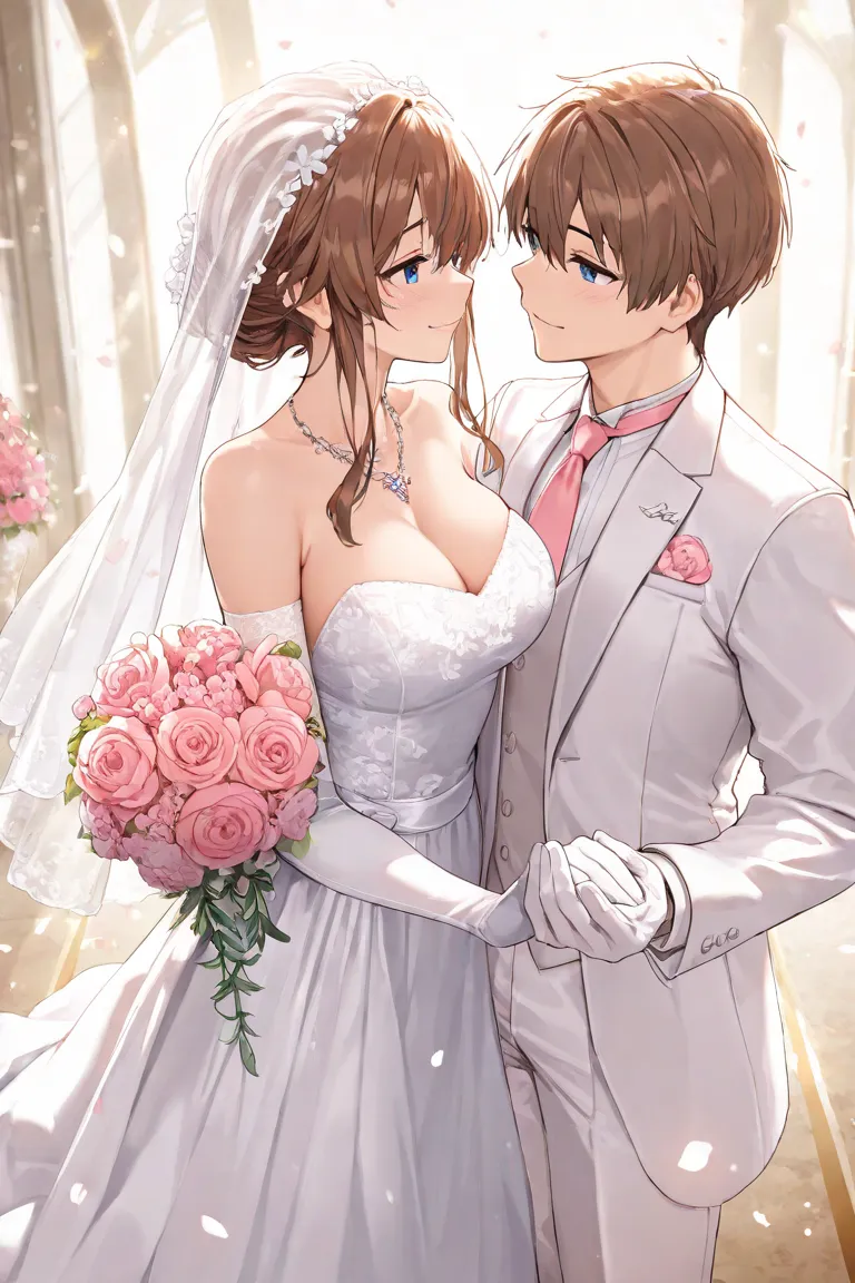 masterpiece, 1 girl, 1 boy,  dress, Duo, wedding  dress, tie, couple, smile, Strapless  dress, Love,   pants, Strapless, Veil, flower, long hair, holding,  jewelry, gloves,  shirt, necklaces, bouquet, white   pants, holding bouquet, white  dress, blue eyes...