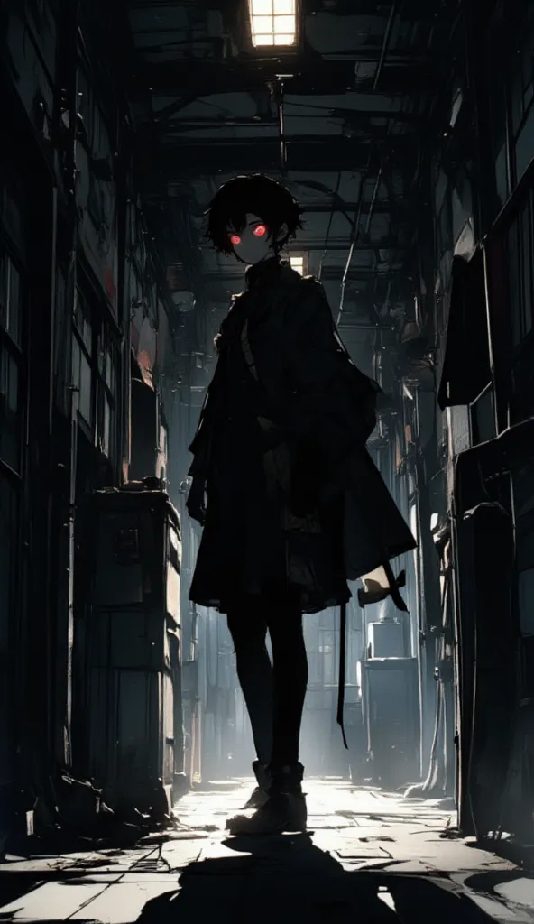 on a school corridor, silhouette of a boy, striking red eyes, faceless, only boy's red eyes are seen, school uniform, shadow, silhouette, anime art, An animated cartoon image in the style of "Demon Slayer", lyh_niji, very aesthetic, delicate.