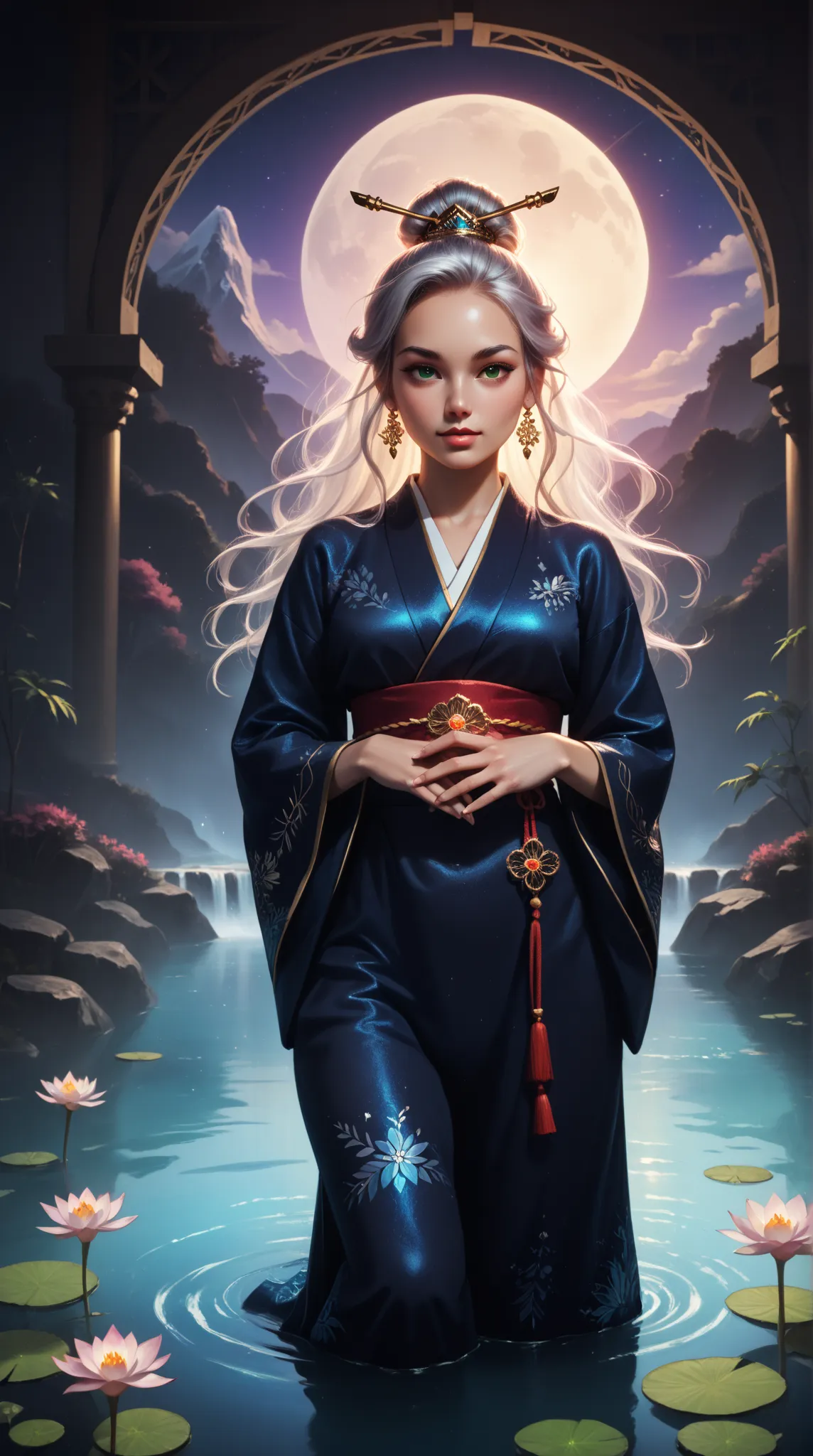 A hyper-realistic, ultra-detailed depiction of a radiant young woman with long, silky silver hair that shimmers like sunlight on water, and vibrant, glowing emerald-green eyes filled with warmth and kindness. She has a gentle yet powerful expression, exudi...