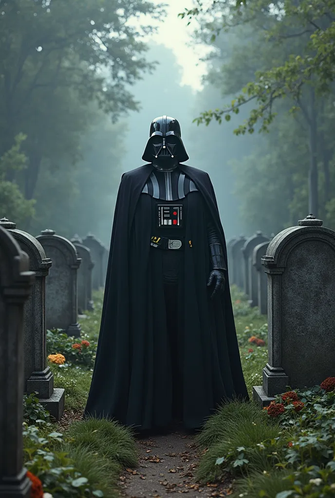 Generate Darth Vader in front of 2 graves in a cemetery