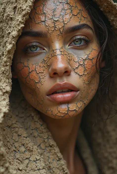  Portrait of a beautiful woman , What does it look like the skin is made of dry mud