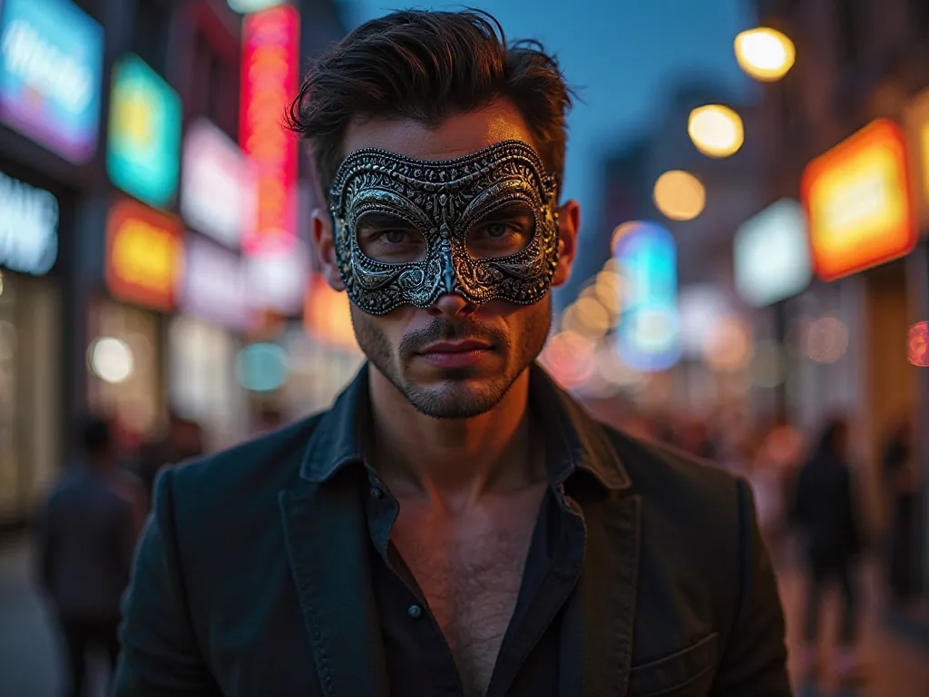 a tall and handsome man , sexy face shirt,  serious expression, wearing an ornate mask, standing in an urban environment at dusk, illuminated by bright lights, cinematic effect, portrait style, high-quality digital photograph, 8K,ultra-detailed,dramatic li...