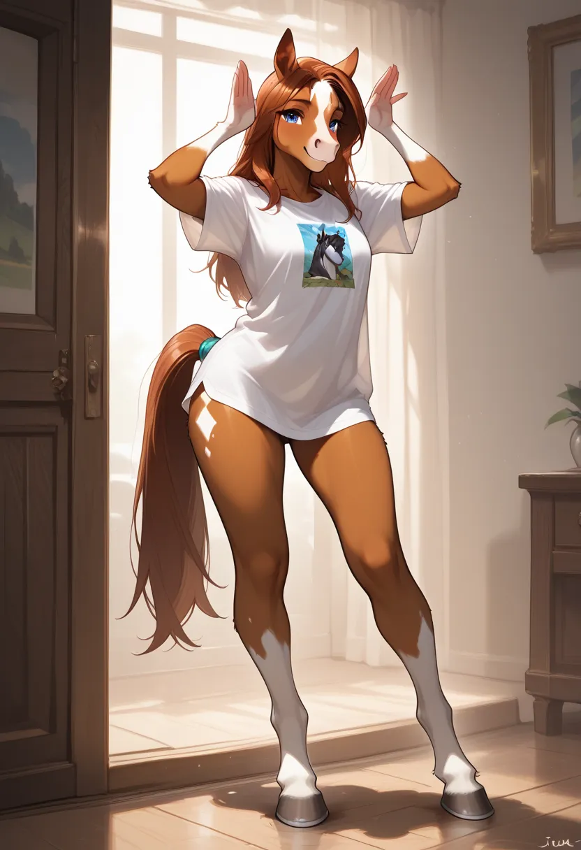 Jack'o pose,laura,mare girl,horse,full body,furry,anthro,shirt,no pants,smile,looking at viewer,