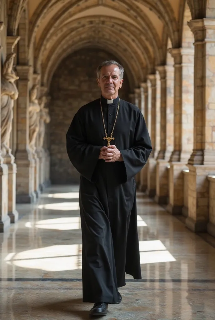 A monk in black dress and a golden rosary solemnly walks down an old and elegant corridor with Gothic arches. The architecture of the corridor is impressive, with marble columns and stone statues on the sides. Natural light enters softly from the windows, ...