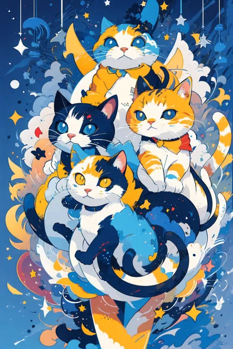 Three Cats and a Boy, Wide range of colors, flat color,  flat style ,  (masterpiece), (best quality), 