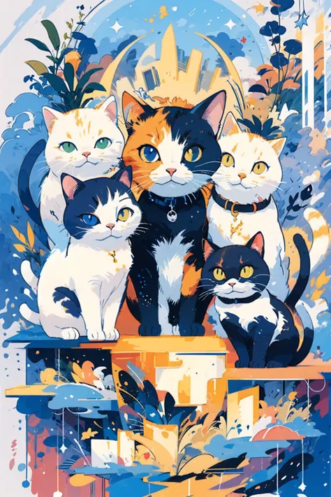 Three Cats and a Boy, Wide range of colors, flat color,  flat style ,  (masterpiece), (best quality), 