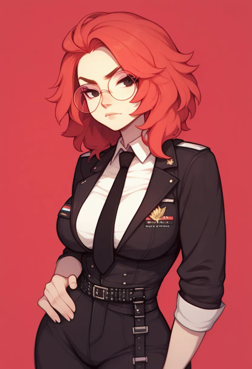 Women, with long red hair, shoulder-length hair, Straps on the forehead,  black eyes and round glasses , wearing a black jacket with a black tie ,  a shirt and on top a black army suit,  he has his coat hanging from fur on his shoulders , looking at the sp...