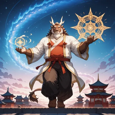 character focus, full body, looking away, dynamic angle, wuxia, daoist, a middle-aged oriental dragon man, dragon muzzle, oriental dragon horn, chinese costume clothes, oriental robe, shirt, pants, standing, drawing a circle in the air with a finger, casti...