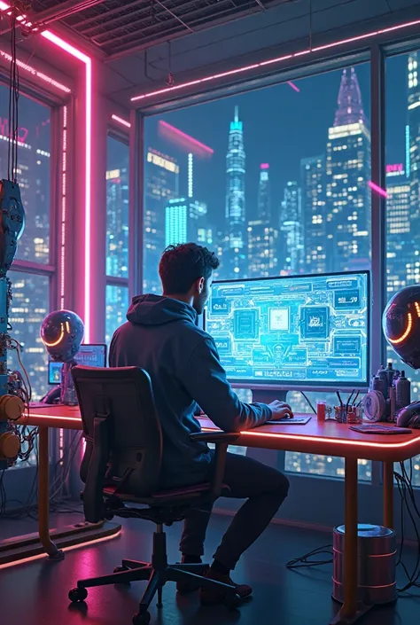 "A futuristic workspace with neon glowing AI circuits, a man using a holographic screen filled with AI tools, a robotic assistant helping him work, and a high-tech cityscape in the background. The scene is vibrant, ultra-detailed, and cinematic with realis...