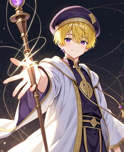 1 male、 youth、Tall Length、dark purple eyes、no glare、long short cut hair、Monk's White Robe、monk hat 、yellow hair、fantasy、Old Wooden Magic Long Wand、smiles、Thread、Healing Magic