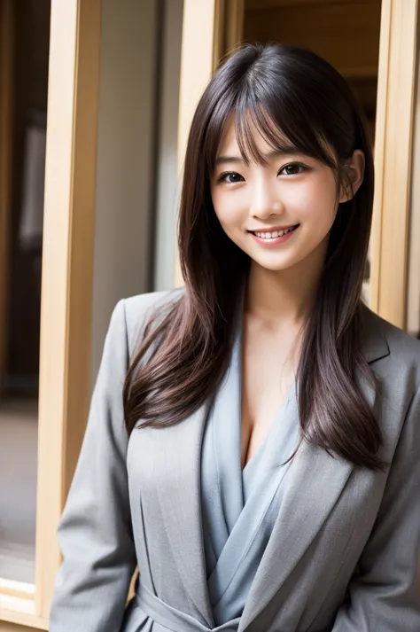  sophisticated Japanese woman 、Formal attire、long hair、smile、Look outside