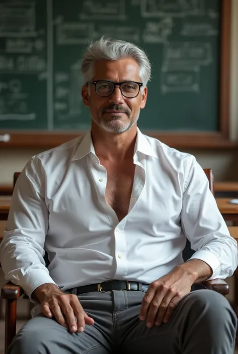 An indian hot mascular middle aged man with grey hair in unbuttoned white full sleeves shirt and grey formal pant black spectacles sitting inside classroom