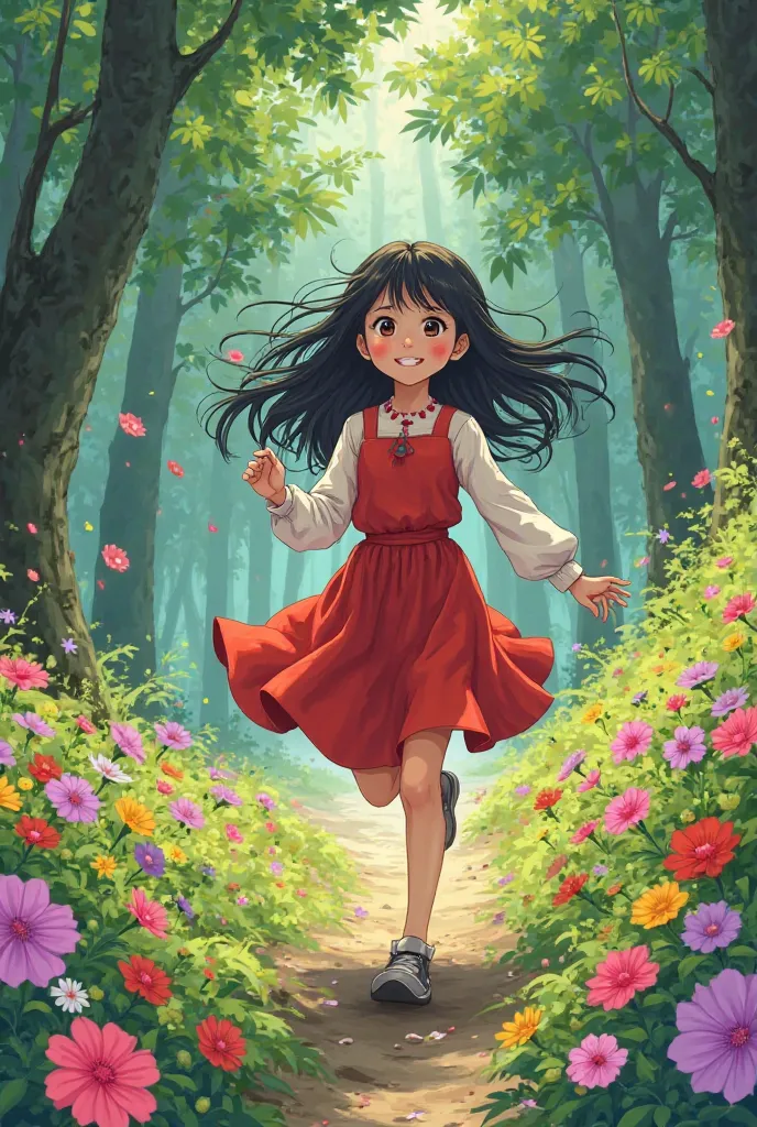 Anime in the style of manhwa 

I want a ten year old  with long black hair wearing a red dress and white sleeves 
You run in the woods full of flowers