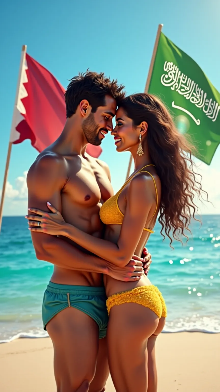 I want a picture of a man and a woman in a bikini hugging each other. The man has the flag of the State of Qatar behind him, while the woman has the flag of the State of Saudi Arabia behind her 