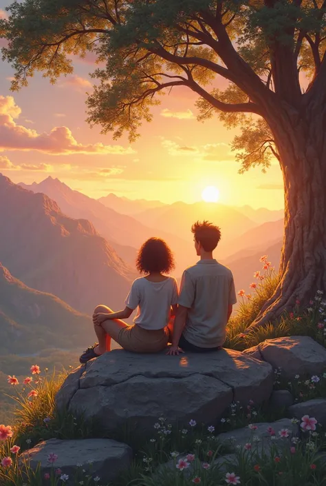 two couples sitting on the rock under a tree , mountain valley sunset evening atmosphere happy with nature view