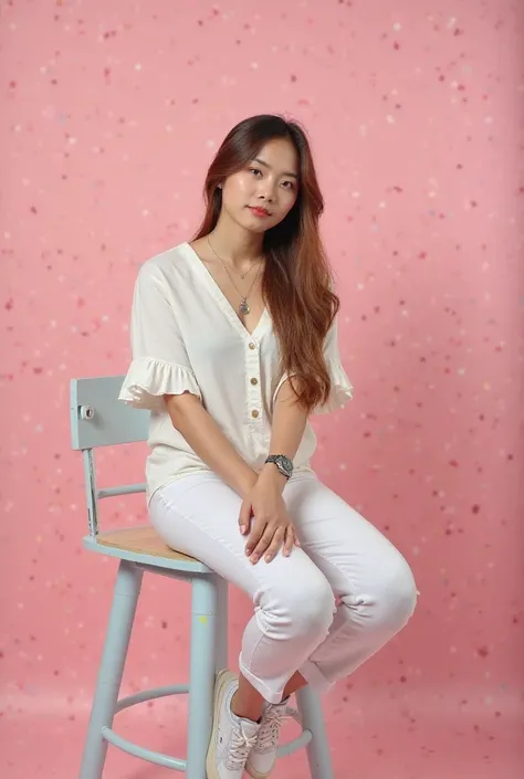 A beautiful filipina  ages 20 medium body frame  wearing a nitted white blouse and white  pants  with white shoes sneakers the is with brown highlight color straight hair with watch thier hand and wearing a necklace while setting on the chair at back  whil...