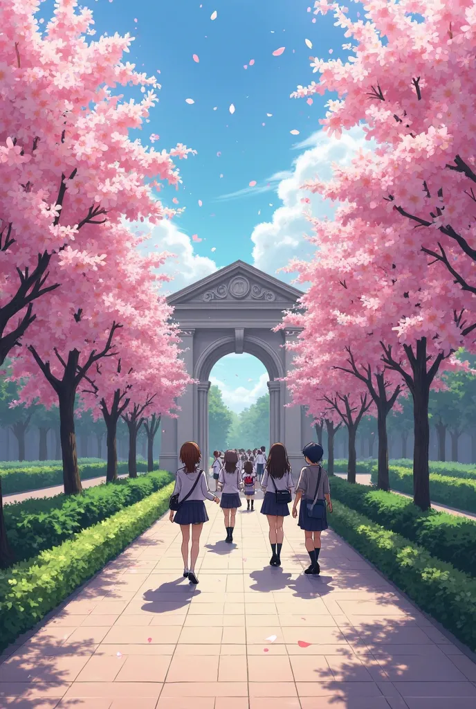 Create an anime-style university entrance with pink trees 