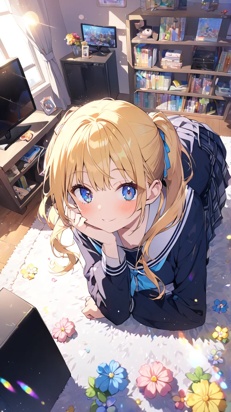 1 girl, room、tv set、Books棚、 table、 carpet、Japanese cushion、Books、flower、blue eyes, yellow hair、Twin Ponytail、school uniforms、Wide angleショット, Wide angle, Dutch Angle, glitter effect, blurred background, lens flare, 