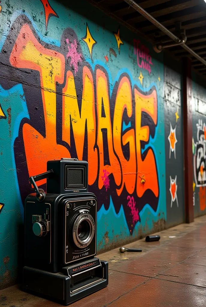 An image written DV in graffiti,in the subway next to a photo camera, 