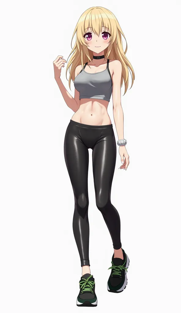 Japanese anime age woman with light blonde long straight hair and intense magenta eyes and wears a short gray top with straps, black leggings made of shiny material (similar to leather or latex) and black sneakers with green details and a white background ...