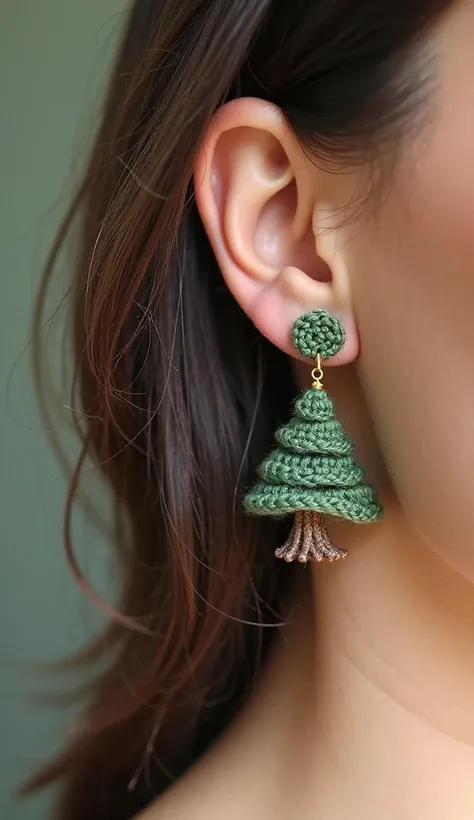 Nice stylish one earrings design crochet with wool luxury small cute tree design on wool simple one earrings
and separate different design black green color full view pic full room view zoom out on youngster lady simple fresh bright