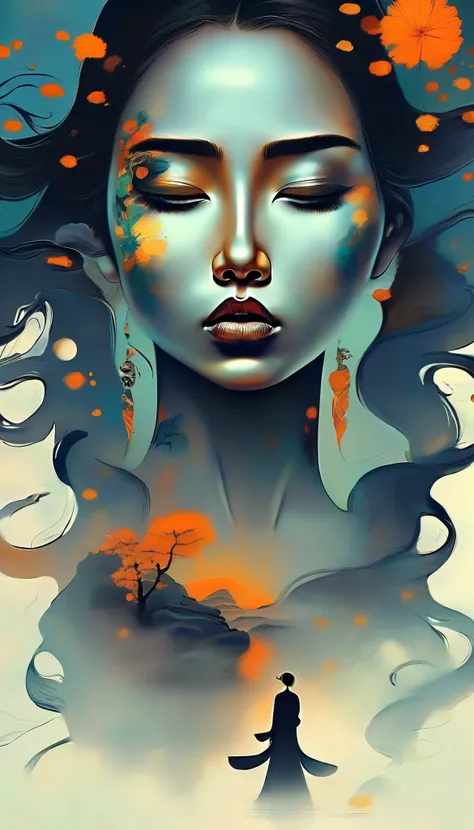 A Mysterious Transfer Student / Mysterious transfer student ，Beautiful face with long hair，Melancholy，fear，Transition from solid color to spooky style background for Dunhuang mural ,  Minimalist,  line art , From foreground to center to spooky smoke,   dou...