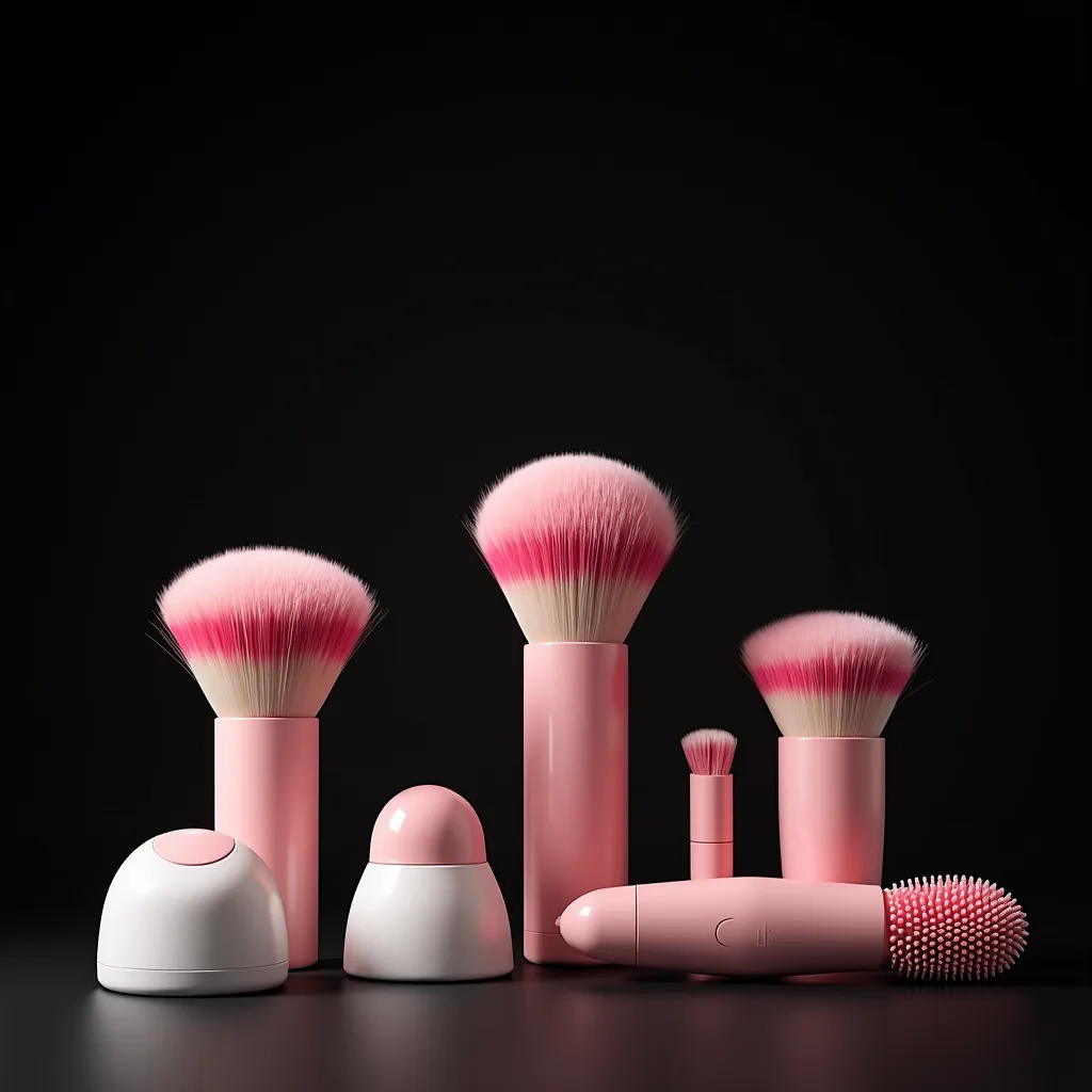 pink makeup brushes, white facial massager and pink electric brush on a black background