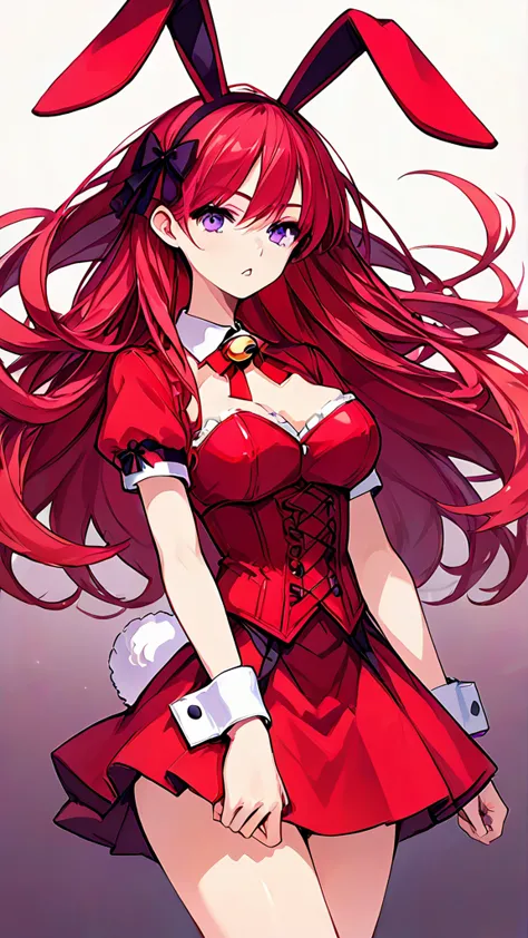 Outrageous, Best Quality, 1girl, solo, red hair, purple eyes, long hair, big, ahBunny, bunny ears, red corset, gakuran, aprons, red neck ribbons, red skirt, hair bow, short sleeves, wrist cuffs, white thighs, jingle bells