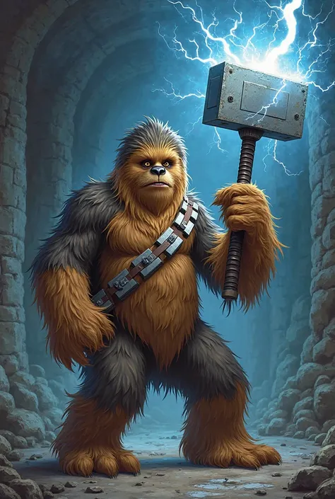 Simple drawing of lanky wookie holding thors electric hammer 