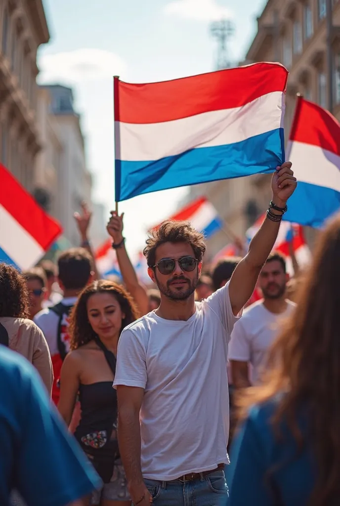 Group of supporters protesting with colored flag, white,  blue and red  y ropa de color white,  blue and red  