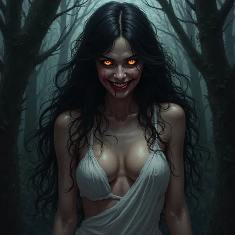 Digital illustration with a dark, eerie style. (full body) The layout features a central figure, a sexy seductive creature who is woman with long, disheveled black hair, getting out from a male scary creature chest, scary disturbing face, dark, cleavage, a...